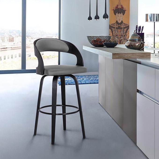 Armen Living Shelly 30" Bar Height Swivel Gray Faux Leather and Black Wood Bar Stool