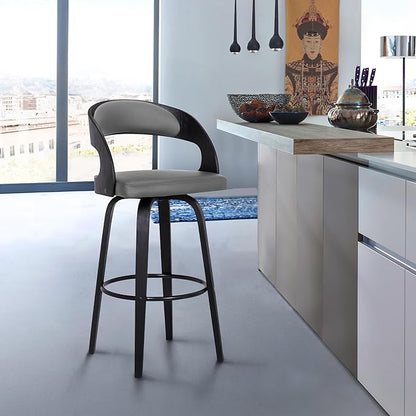 Armen Living Shelly 30" Bar Height Swivel Gray Faux Leather and Black Wood Bar Stool