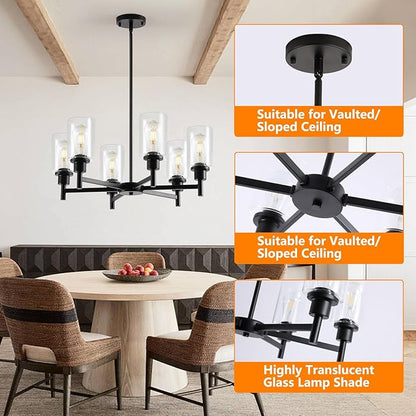 9MMML Farmhouse 6-Light Glass Chandelier, Modern Black Light Fixture for Kitchen Dining Room Over Table, Industrial Lighting for Living Room, Foyer, Entryway, E26 Bulb Base