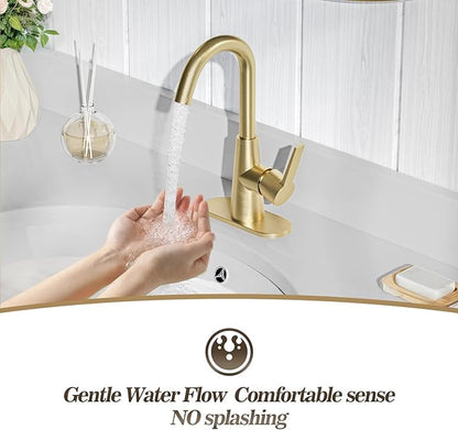 Phiestina Brushed Gold Single-Handle 4 Inch Bathroom Sink Faucet with Deck Plate and Supply Hoses, Bar Sink Faucet/Pre-Kitchen Sink Faucet with 360 Degree Rotation Spout, WE10-BG