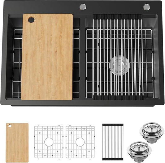 Black 50/50 Double Bowl Kitchen Workstation Sink, 33"x22" Stainless Steel Drop In Kitchen Sink Easy To Multitasking With Cutting Board,Drying Rack,Silicon Mat,Sink Grid And Drain Assembly