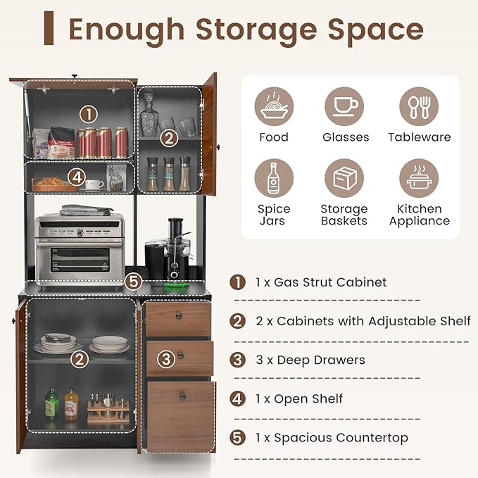 PETSITE Kitchen Buffet Hutch Storage Cabinet, 71" Freestanding Pantry with 3 Cabinets & Drawers, Adjustable Shelves, Microwave Cupboard for Living Room, Dining Room (Walnut)