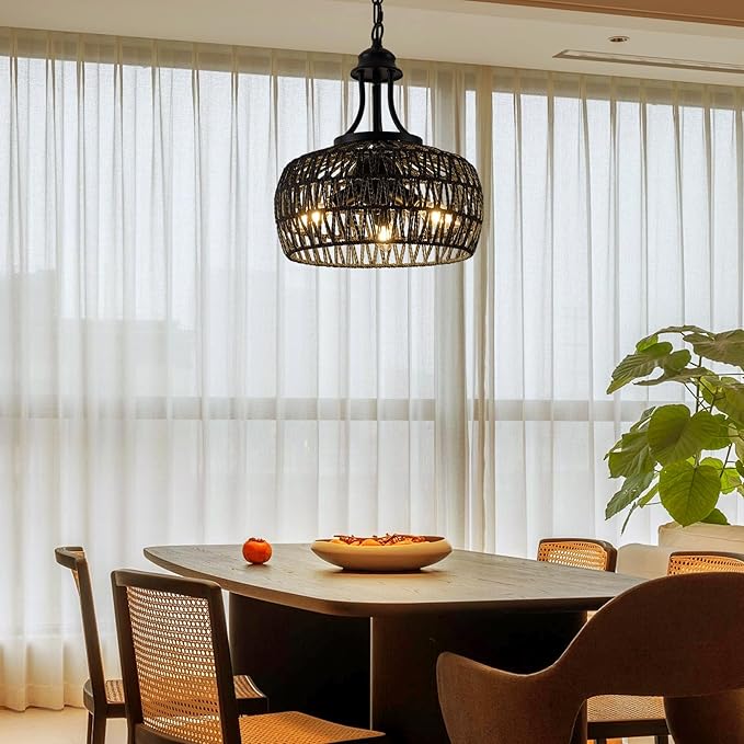 Farmhouse Chandeliers for Dining Room, 3-Light Rustic Ceiling Fixture with Twine Making Lampshade, Adjustable Height Chandelier for Bedroom, Kitchen, Bedroom (Balck)