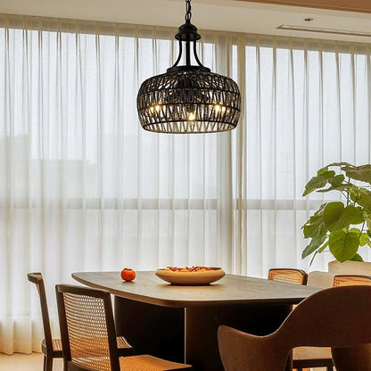 Farmhouse Chandeliers for Dining Room, 3-Light Rustic Ceiling Fixture with Twine Making Lampshade, Adjustable Height Chandelier for Bedroom, Kitchen, Bedroom (Balck)
