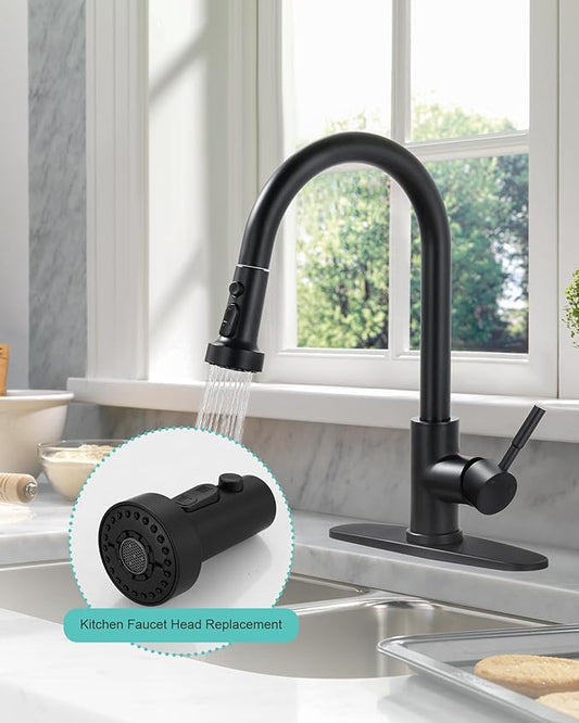 Pull Down Faucet Head Replacement: 3-Function Kitchen Faucet Sprayer Head Replacement with 9 Adapters - Matte Black Sink Faucet Head Compatible with Moen, Delta, American Standard Faucets