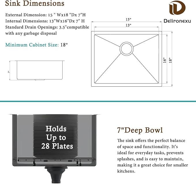 15x18 Inch Bar Sink Undermount – Delironexu 18 Gauge Stainless Steel Small Kitchen Sink, 15"x18"x7" Small Bar Sinks, Single Bowl Wet bar sink with Brushed Finish for Outdoor, RV, and Prep Use