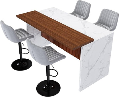 63" Kitchen Island Set with 4 Gray Bar Stools White Marble Look, LED Lighting Grill for Dining Room, Open Concept Spaces, Lounge(4 Gray Bar Stools)
