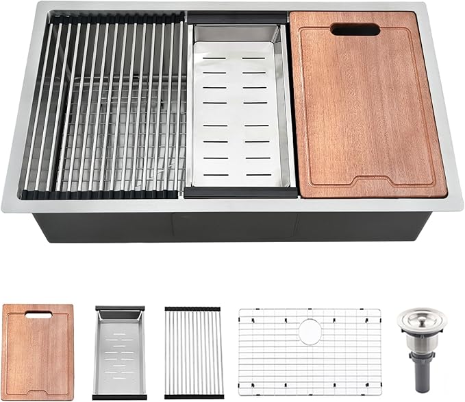 30 Inch Undermount Kitchen Sink-Bokaiya 30x19 Stainless Steel Kitchen Sink Undermount Ledge Workstation 16 Gauge Round Corners Under Counter Single Bowl Kitchen Sinks with Cutting Board