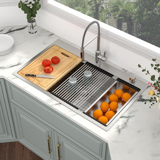 Kichae 36 Inch Drop in Kitchen Sink - 36x22 Drop Sink 16 Gauge Stainless Steel Ledge Workstation Single Bowl Topmount Overmount Handmade Basin