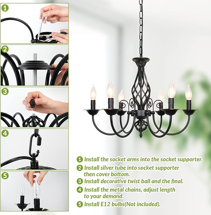 6-Light Farmhouse Candle Chandelier for Living Room, Rustic Industrial Pendant Ceiling Light fixture, Vintage Hanging Lamp for Bedroom Hallway Kitchen Dining Room Foyer, Matte Black E12 Socket