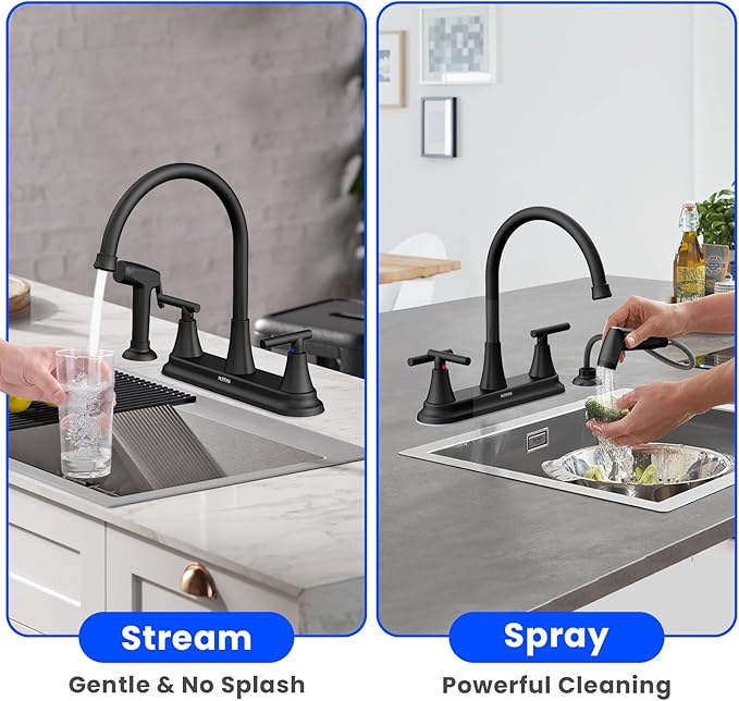 HURRAN 2-Handle Kitchen Faucet with Pull-Out Side Sprayer, 8 Inch High Arch Stainless Steel 360°Rotating Kitchen Sink Faucet, 4 Hole Faucet for Kitchen Bar Rv Camper, Black