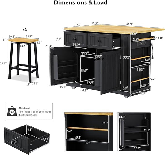 Ball & Cast Kitchen Island with 2 Bar Stools and Power Outlet,Rolling Kitchen Cart on 5 Wheels W/Drop Leaf&5 Open Side Racks,Kitchen Storage Cart W/Adjustable Shelf,for Kitchen,Dining Room,Black,48"