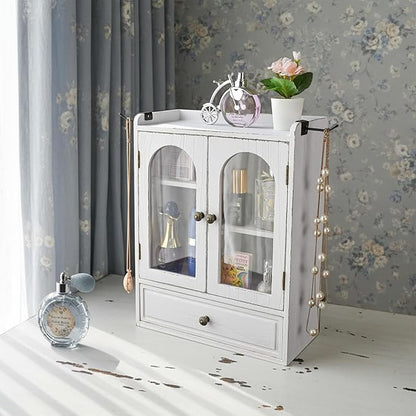 Ikee Design Wooden Countertop Storage Cabinet with Magnetic Door, Adjustable Shelves, Removable Hooks and Drawer for Perfume, Makeup, Pantry, Antique White, 12.2 W x 6 D x 15.7 H in