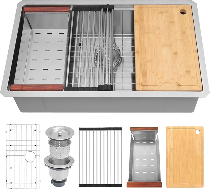 32 Inch Undermount Kitchen Sink,16 Gauge 304 Stainless Steel Kitchen Sink Single Bowl, 32"x19"x10" Undermount Sink Ledge Workstation Sinks With All Accessories, Large and Deep Sink