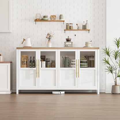Garvee Large Buffet Cabinet with Storage, Sideboard Buffet Cabinet with Glass Doors, Modern Farmhouse Storage Cabinet Table for Kitchen Dining Room, Living Room (White, Glass with 4 Doors)