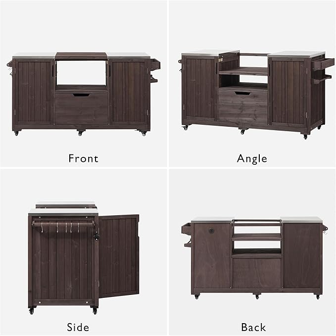 YOPTO Versatile 66.5" Outdoor Grill Cart for Big Green Egg,100% Fir Wood,Stainless Steel Top,Ample Storage,Weatherproof,6 Lockable Wheels,Dark Brown