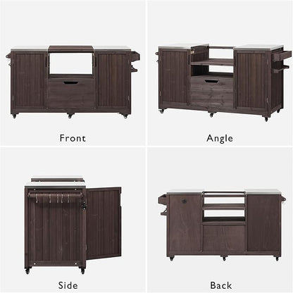 YOPTO Versatile 66.5" Outdoor Grill Cart for Big Green Egg,100% Fir Wood,Stainless Steel Top,Ample Storage,Weatherproof,6 Lockable Wheels,Dark Brown