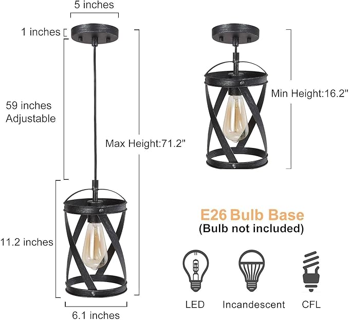 LOG BARN Farmhouse Cage Pendant Light Fixtures, Rustic Industrial Hanging Pendant Lighting with Brushed Finish for Kitchen Island, Foyer, Hallway, Bedroom and Entryway