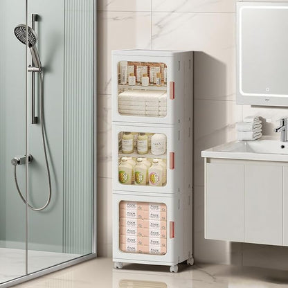 3-Tier Slim Bathroom Storage Cabinet with Doors and Movable Wheels Plastic Organizers and Storage Cabinets Small Spaces for Bathroom Pantry Kitchen Laundry Room Quick Assembly White