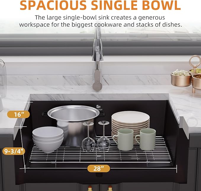 30-inch Granite Composite Kitchen Sink, GABETLET Undermount Quartz Kitchen Sinks with Spacious Workspace and Easy Cleaning, Black Single Bowl Deep Sink with Complete Accessories
