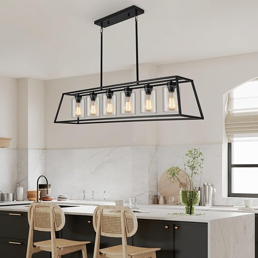 Rectangle Chandeliers for Dining Room | 6-Lights Black Dining Room Light Fixture with Clear Glass Shade | Apply to Kitchen Chandeliers Over Table