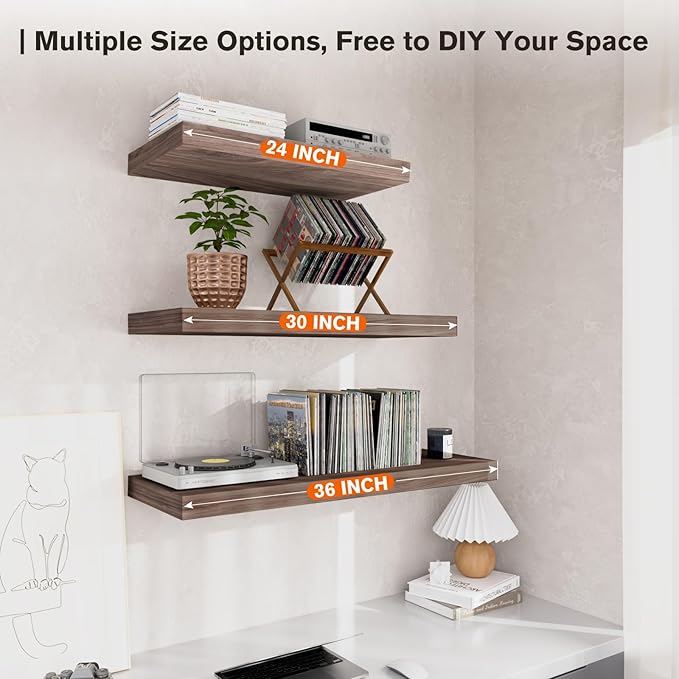 Floating Shelf, Set of 1 Wall Shelf, 36 in W x 12.75 in D x 2 in H Wooden Floating Wall Shelf with Invisible Brackets for Living Room/Bedroom/Bathroom/Kitchen Storage and Decor, Walnut