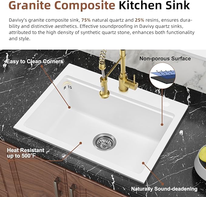 Davivy 25 Inch White Granite Composite Kitchen Sink Workstation, Quartz Kitchen Sink White, Drop in & Undermount Installation, Single Bowl Design with Accessories