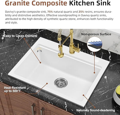 Davivy 25 Inch White Granite Composite Kitchen Sink Workstation, Quartz Kitchen Sink White, Drop in & Undermount Installation, Single Bowl Design with Accessories