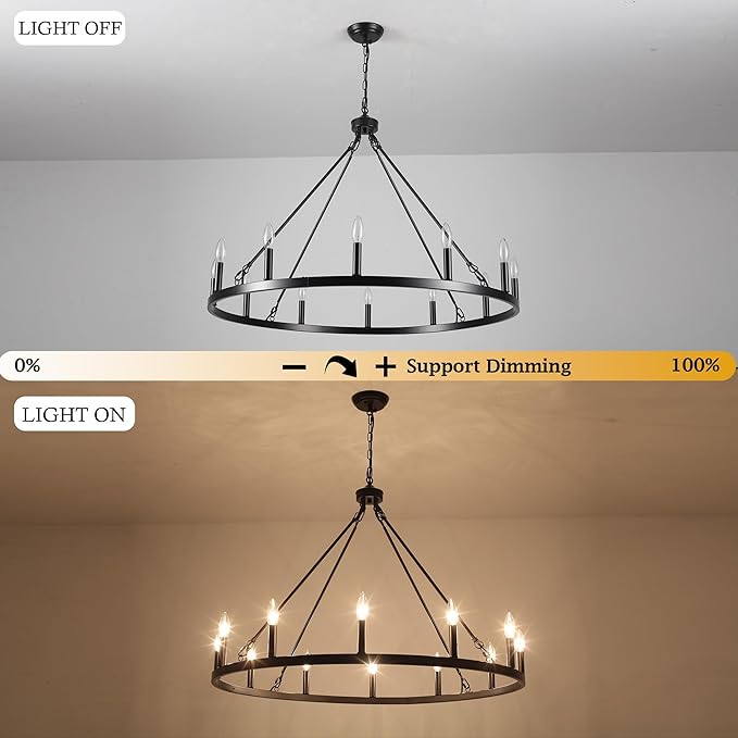 Wagon Wheel Chandelier 12 Light 38" Large Black Farmhouse Chandelier for Dining Room Rustic Country Pendant Light Fixtures Hanging Modern Round Chandeliers for Living Room High Ceilings Entryway Foyer