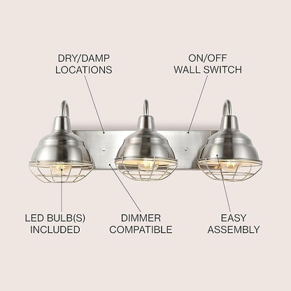 JONATHAN Y 24.5" Nickel 3-Light Industrial Farmhouse Vanity Light for Bathroom Mirror, Rustic Metal Wall Sconce Fixture, Iron Caged Shade, LED Bulbs Included (JYL1120B)