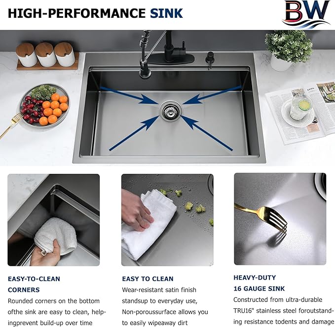 33x19 Drop In Kitchen Sink Black - 16 Gauge Stainless Steel Workstation Sinks Ledge Handmade 10 Inch Deep Single Bowl Kitchen Sink Top Mount Easy to Clean