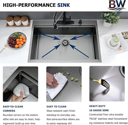 33x19 Drop In Kitchen Sink Black - 16 Gauge Stainless Steel Workstation Sinks Ledge Handmade 10 Inch Deep Single Bowl Kitchen Sink Top Mount Easy to Clean