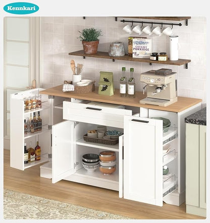 53.7'' Multi-Functional Storage Sideboard with Adjustable Shelves, Mid-Century Modern Console Table with 3-Tier Pull-Out Rack, Kitchen Island for Kitchen, Dining Room and Living Room (White)