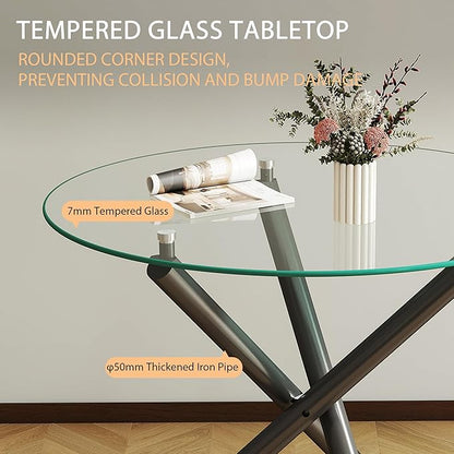 36" Round Glass Dining Table for 4, Modern Dining Room Table with Black Metal Cross Legs, Adjustable Foot Pads, Tempered Glass Top Kitchen Dinner Tables for Kitchen Dining Room Small Apartment