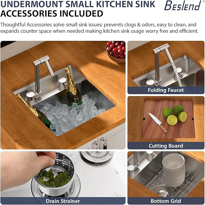 16 Inch Outdoor Kitchen Sink With Faucet and Cover - Beslend 16x17x9 Undermount Kitchen Bar Sink Workstation 16 Gauge Stainless Steel Single Bowl Small Sinks Under Counter Indoor Outdoor