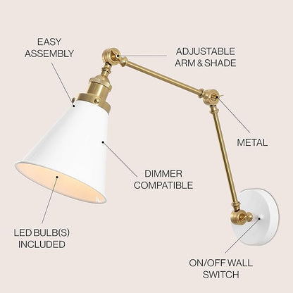 JONATHAN Y 7" White/Brass Gold Classic Industrial Metal Adjustable Arm LED Wall Sconce for Bedside Reading, Farmhouse Swing Arm Wall Lamp with Metal Shade, Hardwired (JYL7462B)