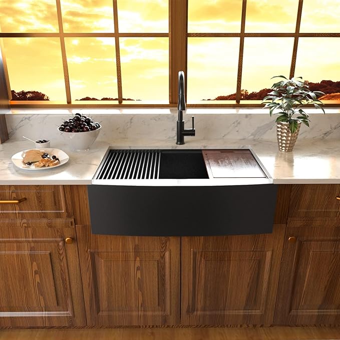 Sarlai 33 Farmhouse Sink Black Stainless Steel - 33 Inch Apron Front Kitchen Sink Ledge Workstation Gunmetal Black 16 Gauge Stainless Steel Deep Single Bowl Farm Sinks