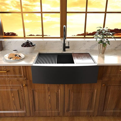 Sarlai 33 Farmhouse Sink Black Stainless Steel - 33 Inch Apron Front Kitchen Sink Ledge Workstation Gunmetal Black 16 Gauge Stainless Steel Deep Single Bowl Farm Sinks