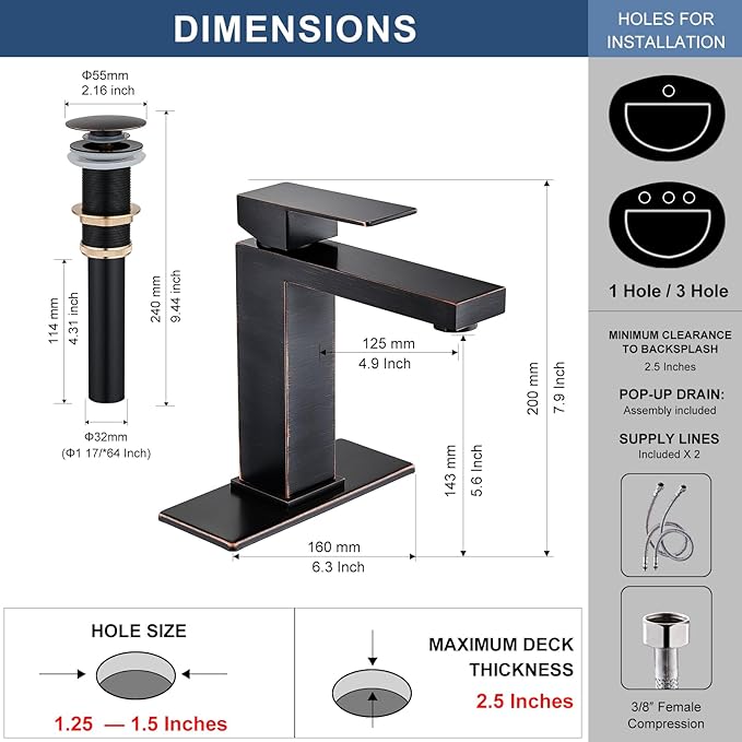 AVSIILE Oil Rubbed Bronze Bathroom Faucet, Single Hole Vanity Bath Faucet, Single Handle Modern Stainless Steel Bathroom Faucets for Sink 1 Hole with Pop Up Drain Stopper & Water Supply Hoses