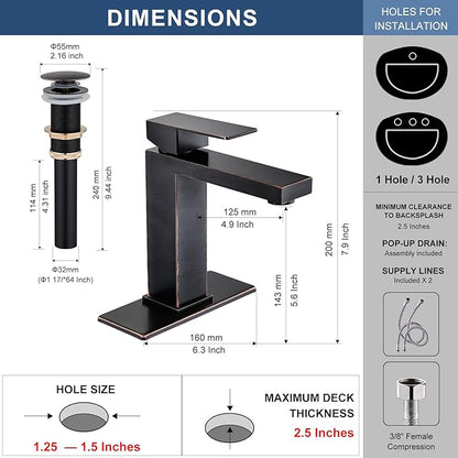 AVSIILE Oil Rubbed Bronze Bathroom Faucet, Single Hole Vanity Bath Faucet, Single Handle Modern Stainless Steel Bathroom Faucets for Sink 1 Hole with Pop Up Drain Stopper & Water Supply Hoses