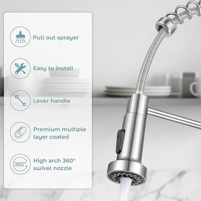 Kitchen Faucet with Pull Down Sprayer,Commercial Single Handle Stainless Steel Kitchen Faucets with Deck Plate (Brush Nickel)