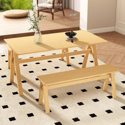 DUOMAY Wooden Dining Table with Bench Set, 59" Wide Rectangle Kitchen Table with 2 Long Benches for 4-6 for Home Small Space, Original Wood Color