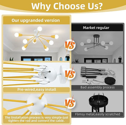 Yellow Sputnik Ceiling Light Fixture, 8-Lights Kids Ceiling Light Semi Flush Mount Ceiling Lights for Bedroom Entryway Kitchen