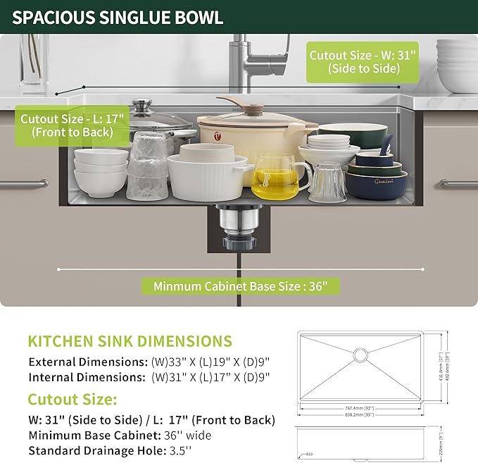 33-inch Undermount Kitchen Sink Workstation, SINKVINE 33x19 Large Outdoor Prep Sink BBQ, Stainless Steel Single Bowl w/Sapele-Wood Cutting Board, SST Colander w/Wood Handle, and Roll-up Dish Drying