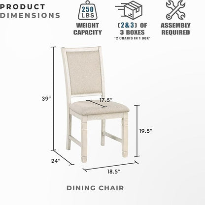 Lexicon Braun 5 Piece Dining Table Set, Dining Room Set for 4, Including 1 Round Kitchen Table with Storage Shelf and 4 Beige Fabric Upholstered Chairs, Antique White/Brown