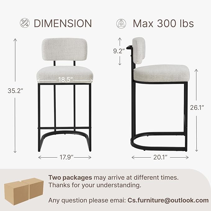 26" H Counter Height Bar Stools Set of 4, Modern Linen Fabric Upholstered Barstools with Backrest for Kitchen Island, Black Metal Frames, Wheat