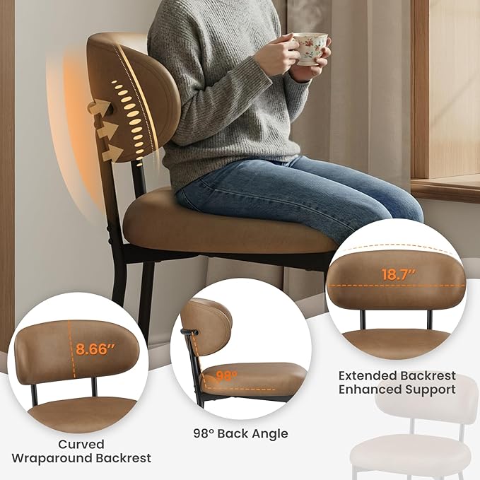 Upholstered Dining Chairs Set of 2, Modern Faux Leather Kitchen Chairs with Curved Backrest and Cushioned Seat, Sturdy Metal Legs, Comfortable Accent Chairs for Kitchen Dining Room,Living Room,Brown