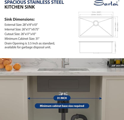 Sarlai Gold Undermount Kitchen Sink - 28 Inch Kitchen Sink Undermount Gold Stainless Steel Single Bowl 28" x 19" Under-Mount 16 Gauge Sinks Under Counter Round Corner Basin