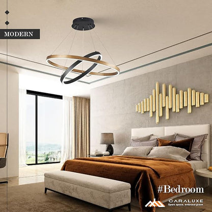 2 Ring LED Chandelier Black Gold Chandelier for Dining Room 24in Dimmable Circular Chandeliers Light Round Chandeliers for Bedroom Kitchen Entryway Living Room