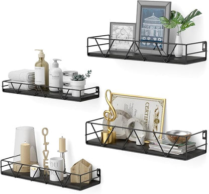 Amaoot Floating Shelves Set of 4, Home Wood Wall Shelf, Farmhouse Shelf for Bedroom, Wall Mounted Floating Shelf for Living Room, Bedroom, Bathroom, Kitchen, Office (Black)